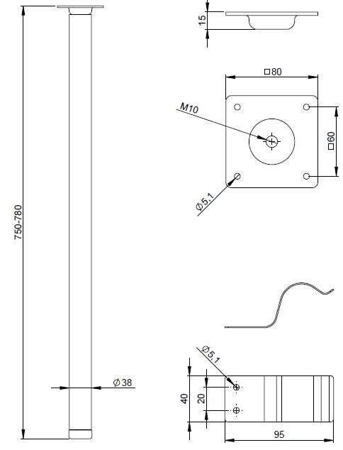 Set gambe per tavolo altezza 75 - 78 con piastre di montaggio